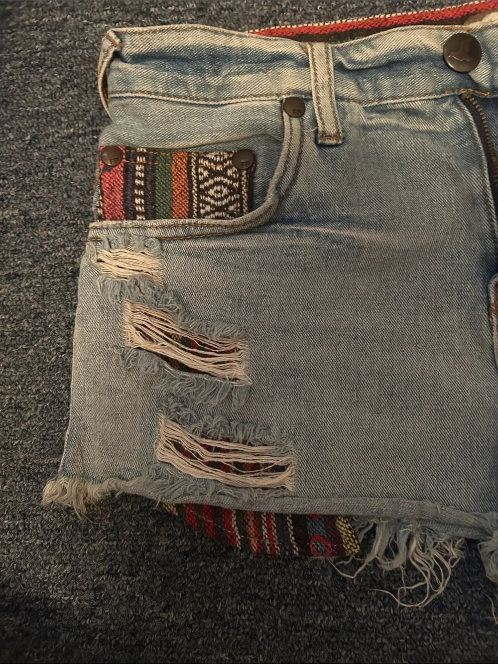 Free People FP Distressed Aztec Inset Denim Shorts Boho Festival Size 28